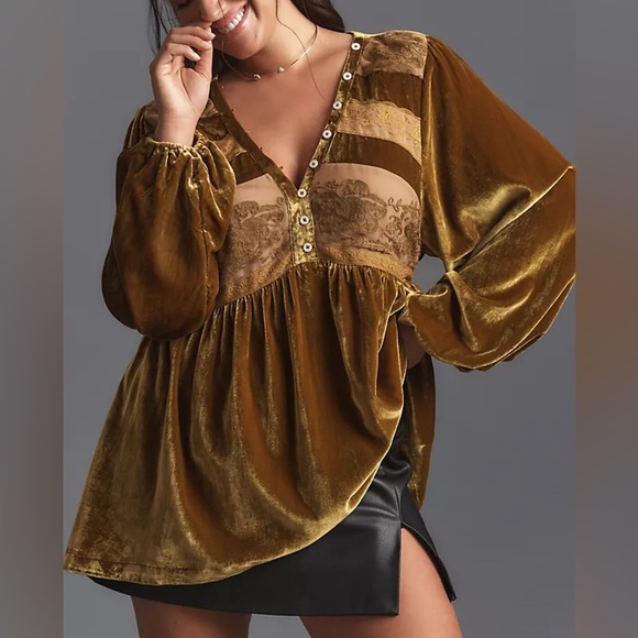 By Anthropologie Long Sleeve Velvet Lace Babydoll Top Gold Boho Romantic Large - Picture 2 of 12
